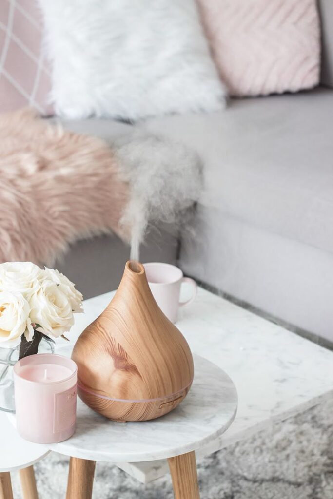 1ea88f07b0bff16d258989398a0fb324 Minimalist living room with an essential oil diffuser, pink candle, and flowers on a round table. Cozy decor ambiance. | Sky Rye Design Minimalist living room with an essential oil diffuser, pink candle, and flowers on a round table. Cozy decor ambiance.