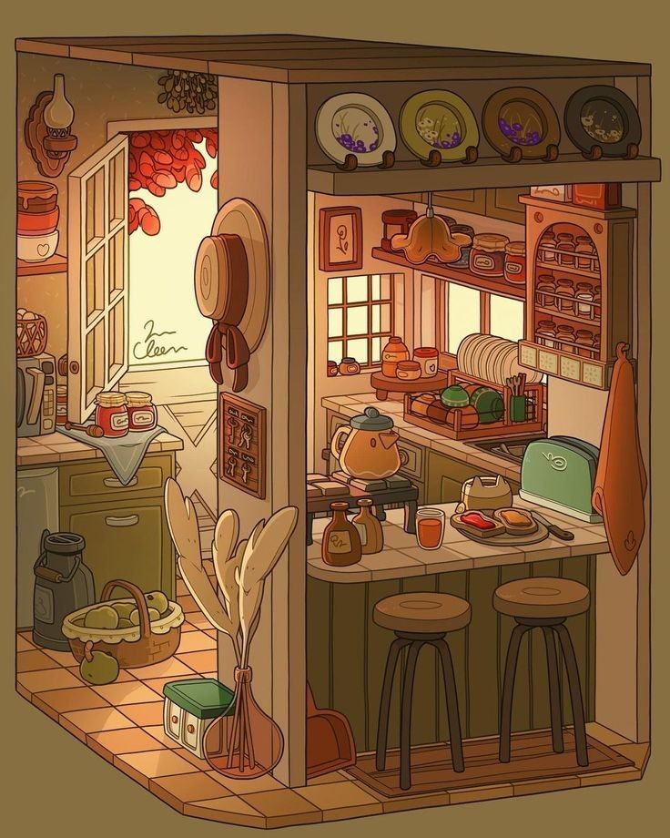 Cozy kitchen illustration with vintage decor, warm lighting, and various kitchen items on shelves and countertop.