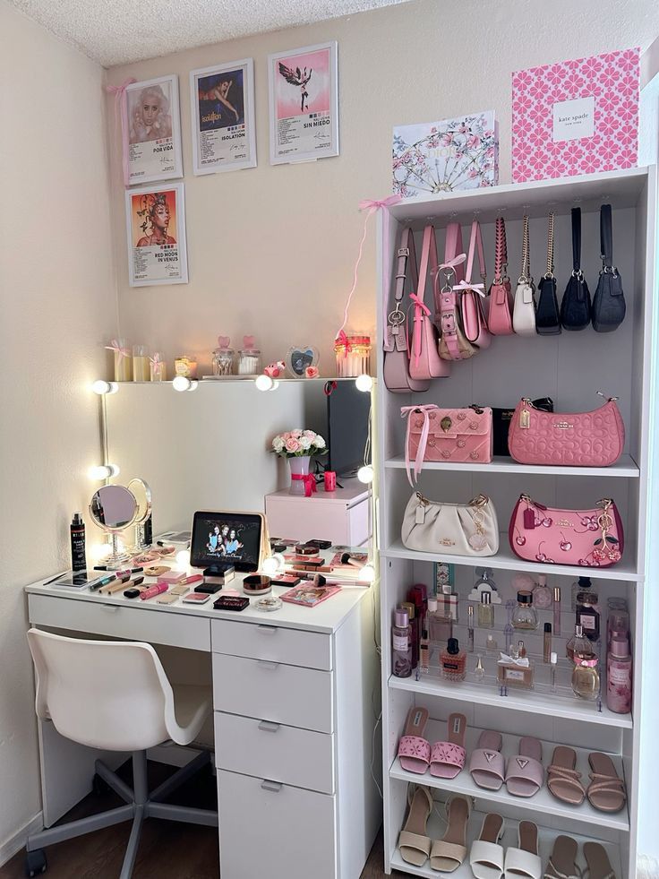 Chic vanity setup with makeup, pink handbags, perfumes, and decor on shelves. Perfect girly and organized beauty corner.