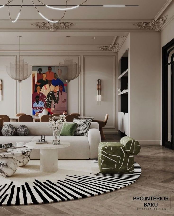 1f2d8f4a-85d6-4097-b072-f1c7a1a8b781 Luxurious modern living room with artistic decor, elegant furniture, and a stylish round rug under a chic chandelier. | Sky Rye Design Luxurious modern living room with artistic decor, elegant furniture, and a stylish round rug under a chic chandelier.