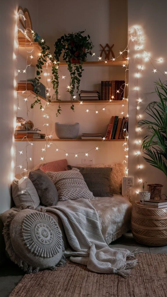 Cozy reading nook with string lights, cushions, blankets, and shelves with books and plants for a warm, inviting atmosphere.
