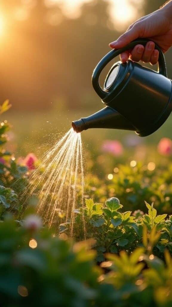 Gardener watering plants with a can in a sunlit garden, droplets sparkling in the morning light.