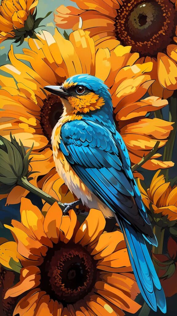 Colorful blue bird perched on vibrant sunflowers, surrounded by lush petals and leaves.