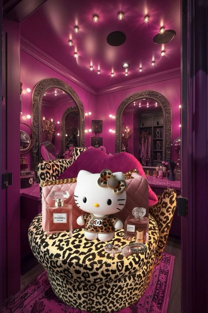 Luxurious pink room with leopard print chair, Hello Kitty plush, Chanel perfume, and elegant lighting for opulent decor.