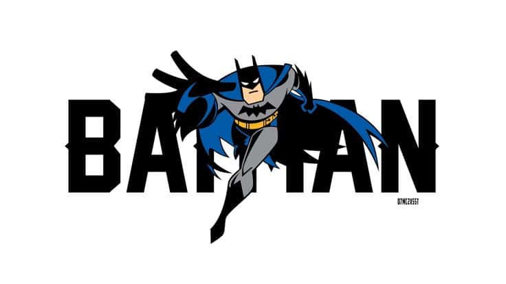 Animated Batman leaping in front of bold BATMAN letters on a white background.