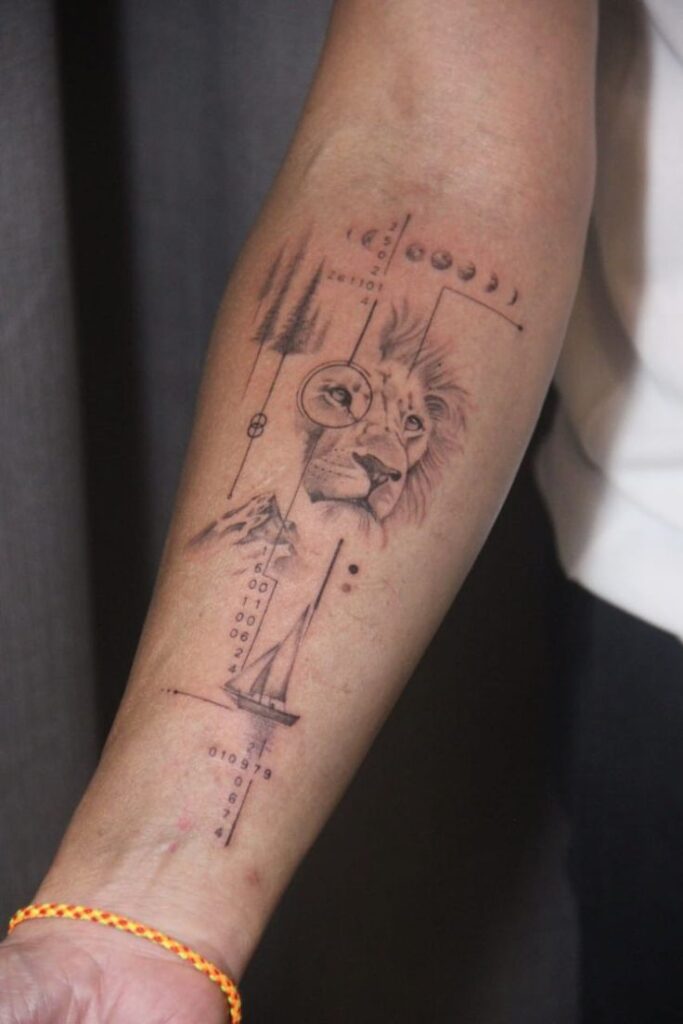 Abstract forearm tattoo with lion, mountain, sailboat, and geometric lines. Unique and artistic sleeve design.