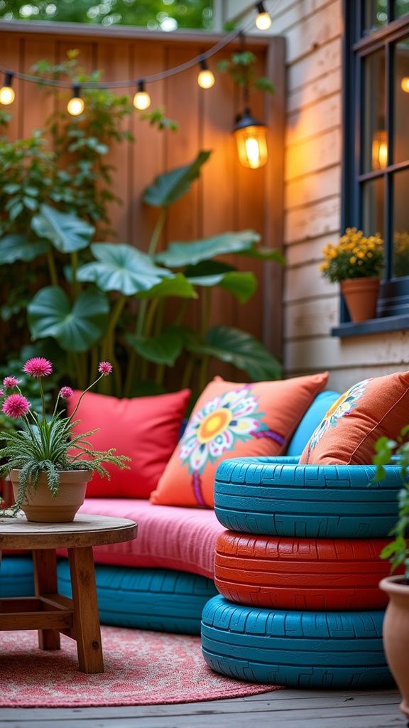 Vibrant patio decor with colorful cushions and tire seating in a cozy garden setting with string lights.