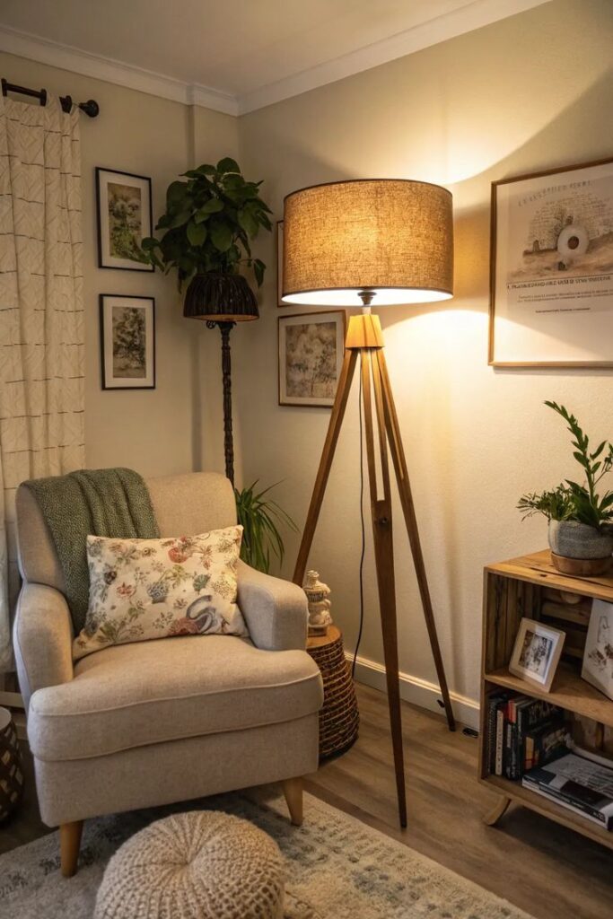 Cozy living room corner with armchair, tripod lamp, and decor for relaxing ambiance.