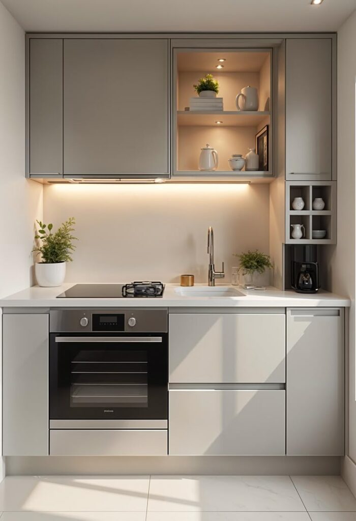 Modern minimalist kitchen with gray cabinets, built-in oven, plants, and sleek decor.