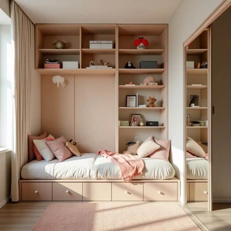Cozy bedroom with daybed, pink accents, and shelves with decor items, offering stylish storage and relaxation.