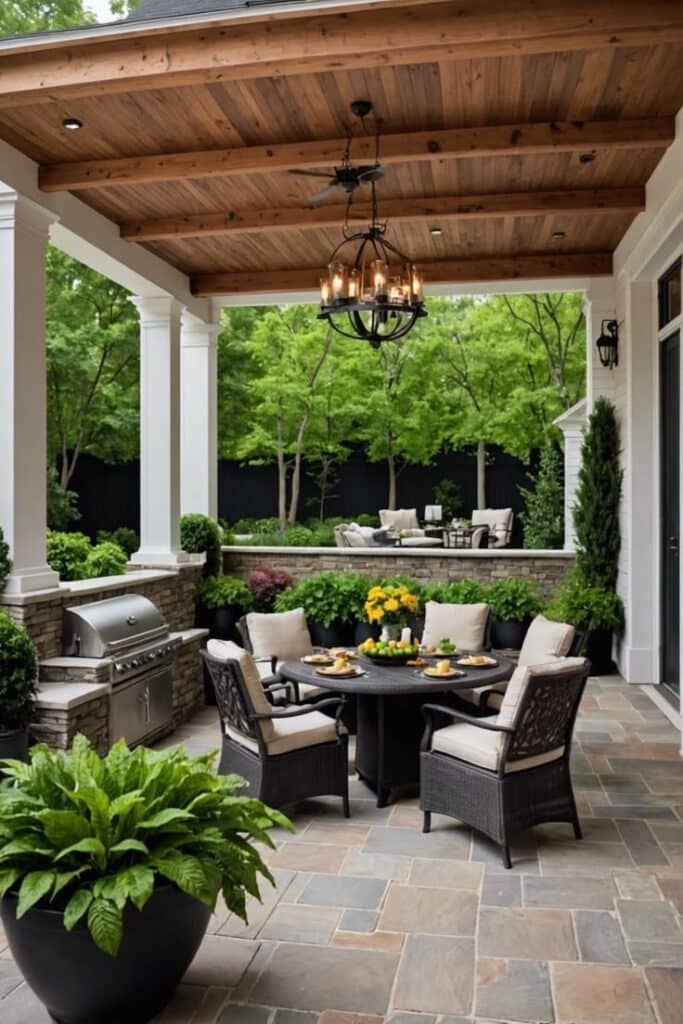 Stylish covered patio with dining table, cozy chairs, chandelier, grill, and lush green garden background.