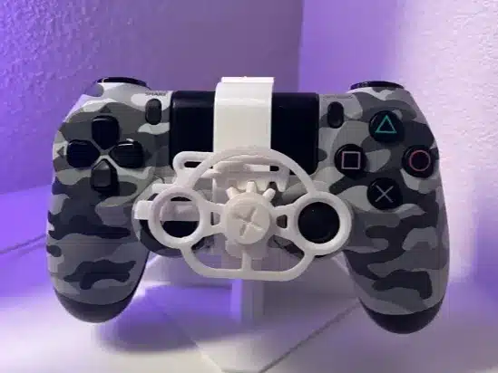 Camouflage PlayStation controller mounted on stand with purple lighting background.