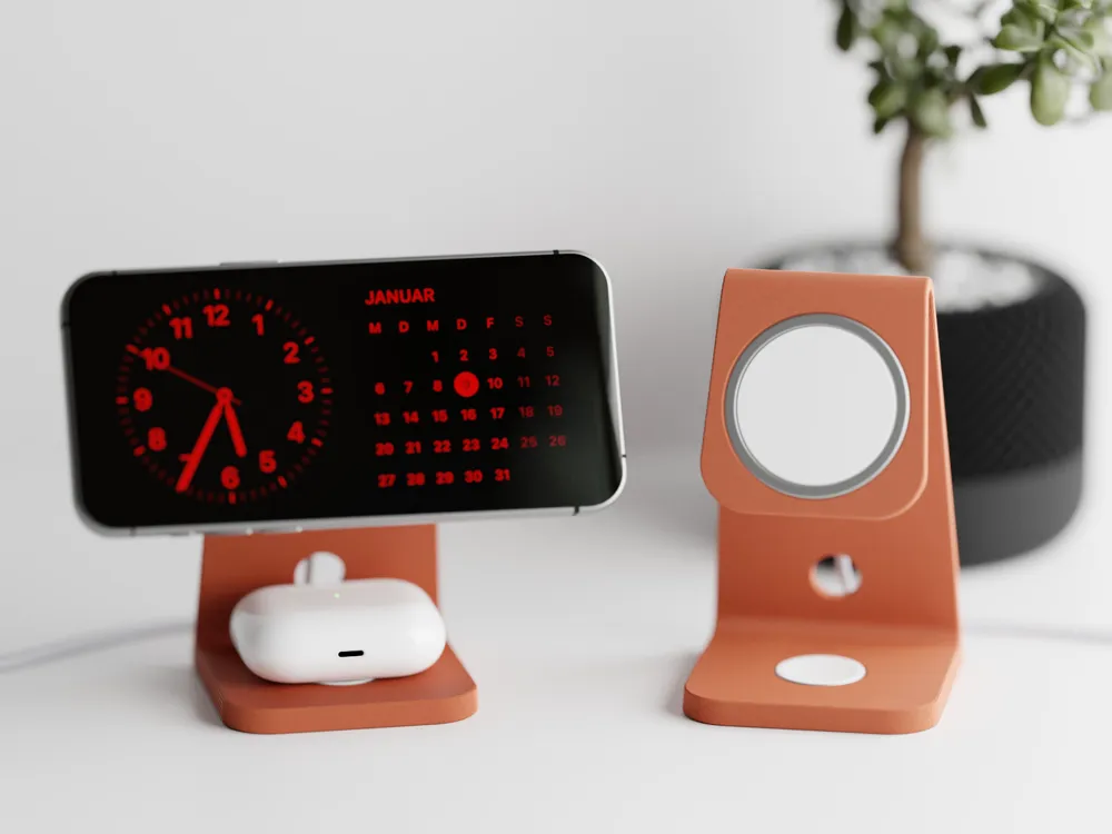 Smartphone with red clock and calendar display on a charging stand beside wireless earbuds, modern home decor in background.