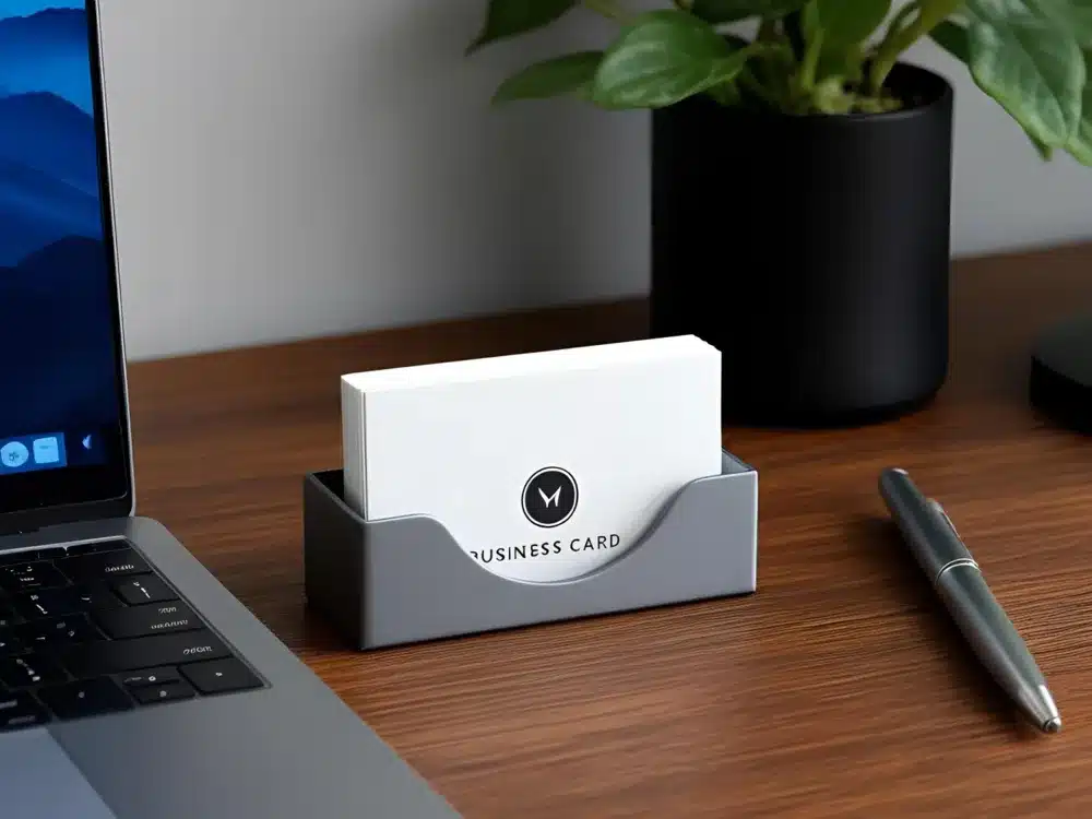 Business cards in a holder on a wooden desk with a laptop, pen, and plant for a professional workspace setting.