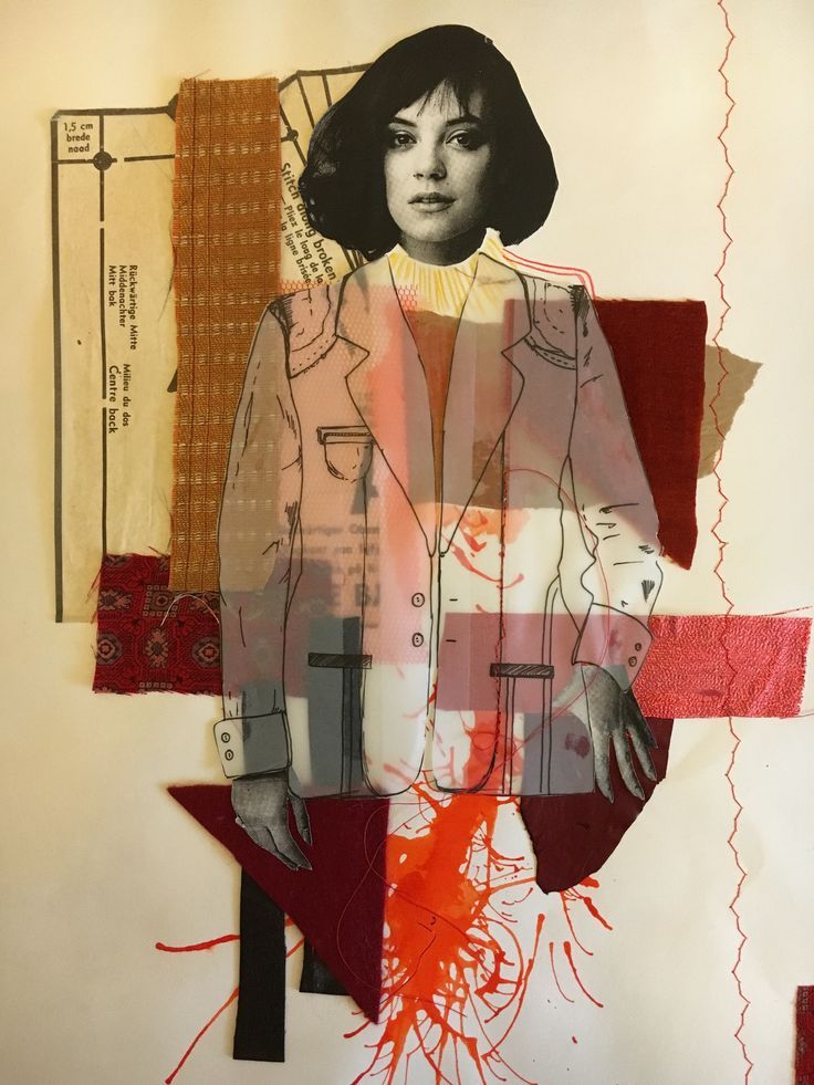 Collage artwork of a woman in a colorful suit with fabric and pattern elements.