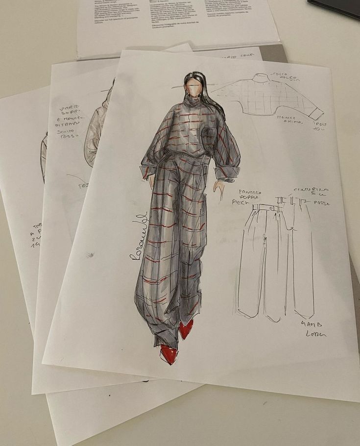Fashion sketch showcasing a chic outfit design with red shoes, plaid pattern, and notes for tailoring details.