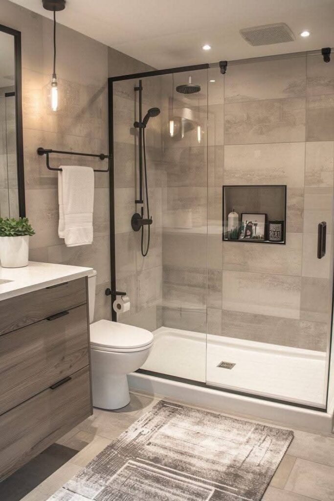 Modern bathroom with glass shower, wooden vanity, and minimalist decor.
