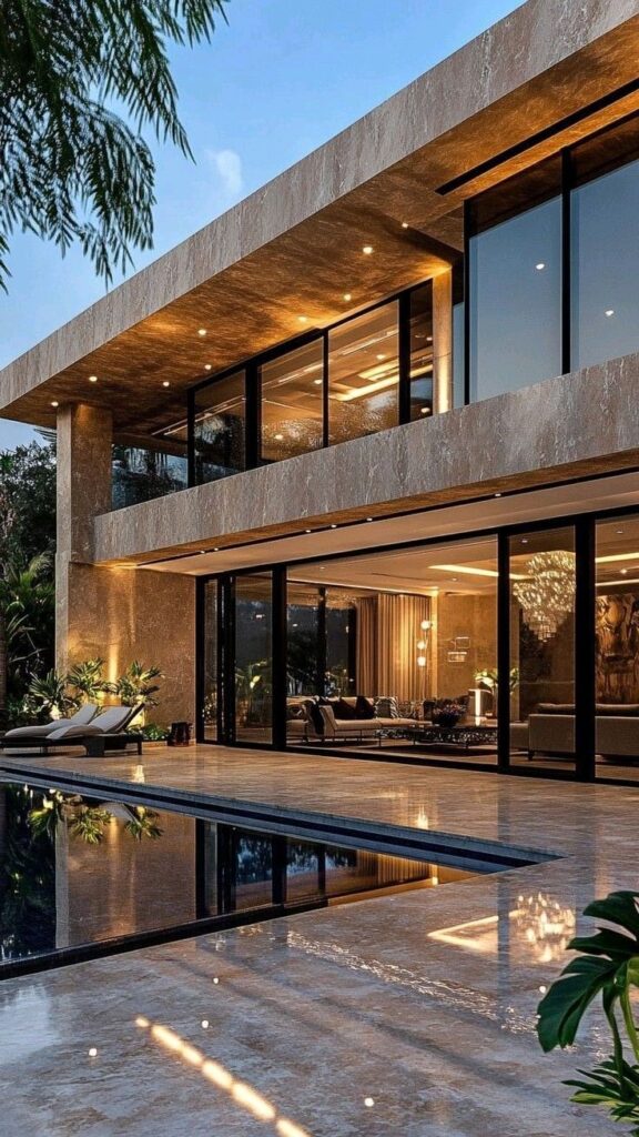 Modern luxury villa with large windows and pool, showcasing sleek architecture and elegant evening lighting.
