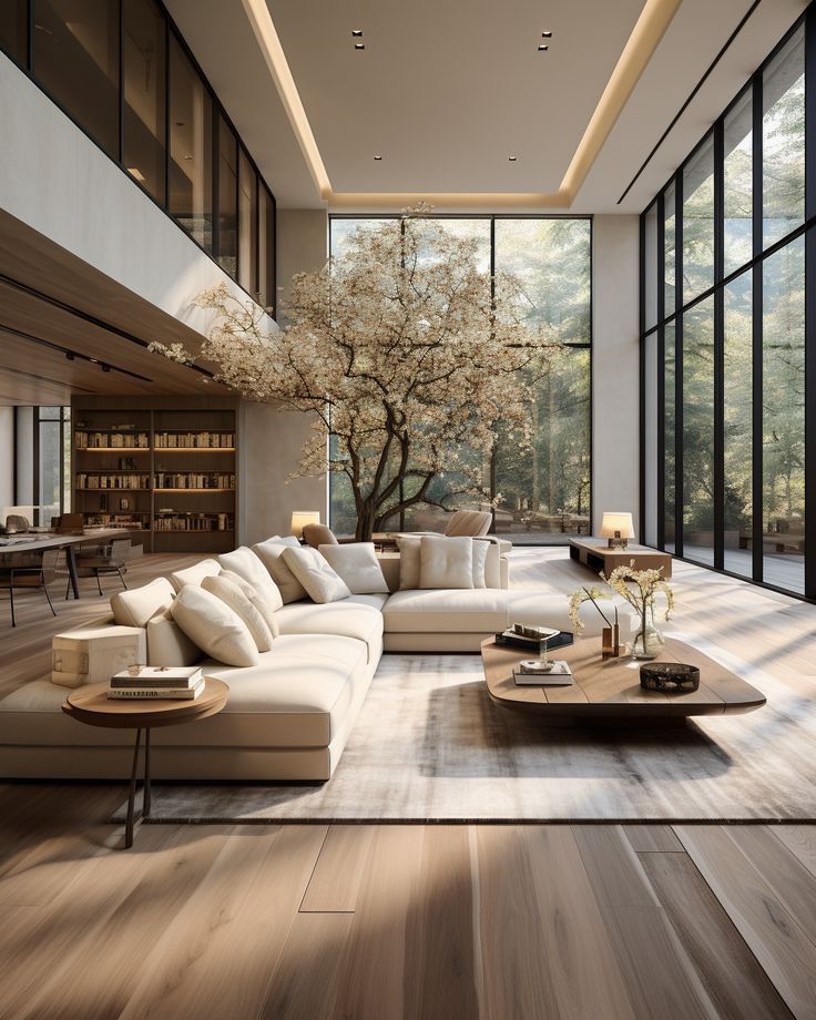 Modern living room with large windows, beige sectional sofa, wooden floors, and a blossoming tree, filled with natural light.
