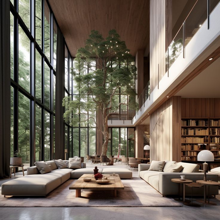 Luxurious modern living room with large windows, indoor tree, cozy sofas, and a wooden bookshelf.