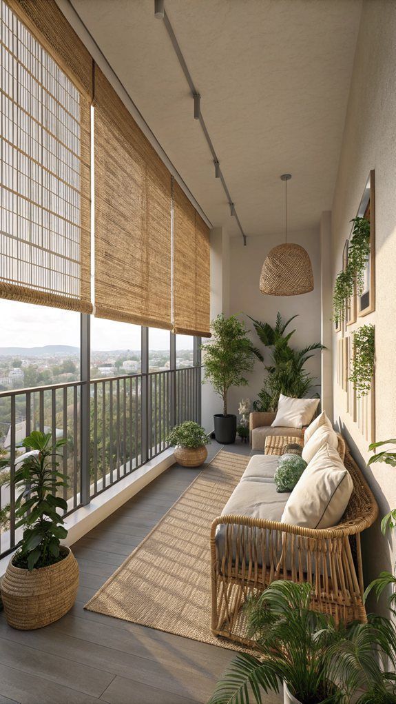 _ - 2025-06-15T123329187 Cozy balcony with wicker furniture, plants, and bamboo blinds, offering a relaxing space with natural light. | Sky Rye Design Cozy balcony with wicker furniture, plants, and bamboo blinds, offering a relaxing space with natural light. Summer Balcony & Terrace Decor