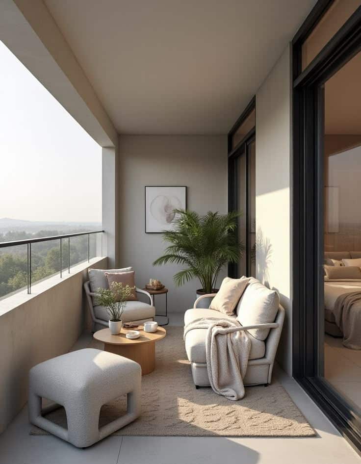 Modern balcony with cozy seating, potted plants, and a stunning view, perfect for relaxation and sunset watching.