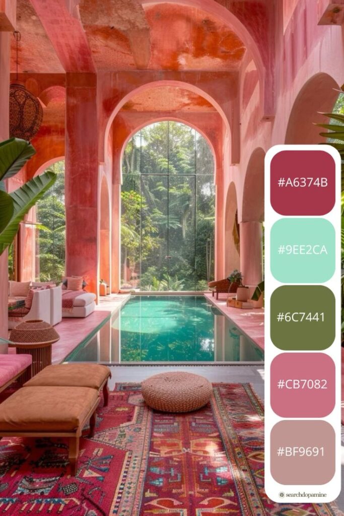 Elegant interior with pink arches, lush garden view, indoor pool, and vibrant decor, featuring warm and earthy tones.