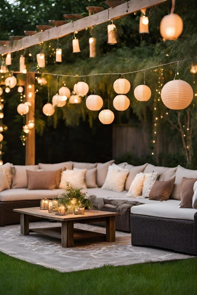 Cozy outdoor patio with string lights, lanterns, and a sectional sofa, creating a warm ambiance for evening relaxation.