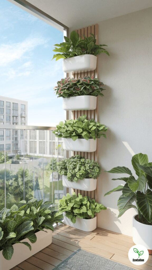 Vertical balcony garden with lush green plants in white pots, enhancing urban living space with eco-friendly decor.