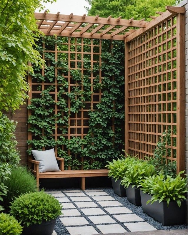 Tranquil garden corner with green plants, a wooden trellis, bench, and paved path creating a cozy outdoor retreat.