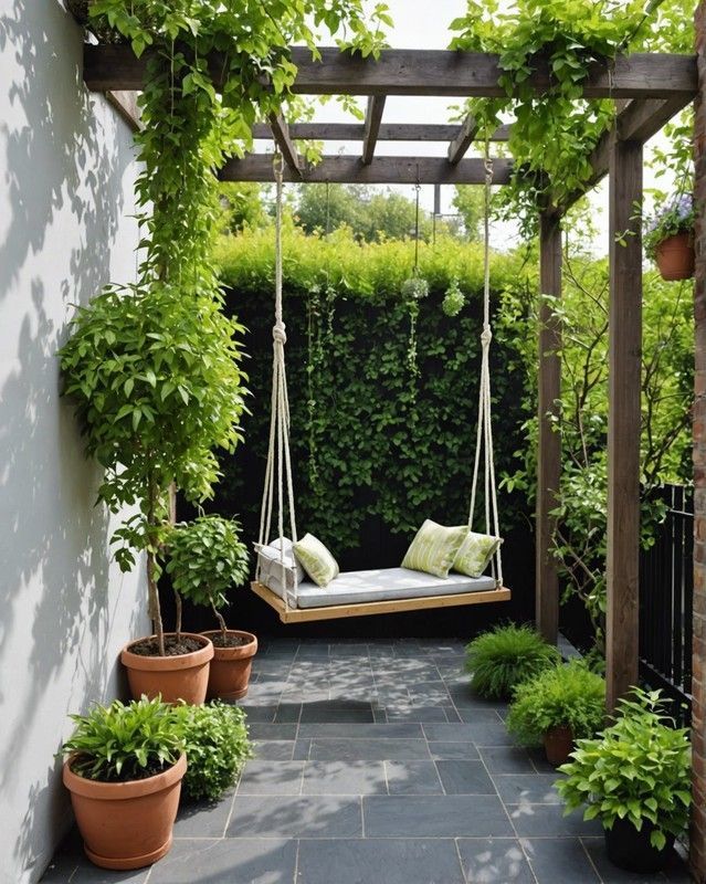 Lush garden patio with a wooden pergola, cozy swing, and vibrant potted plants, perfect for relaxation and serenity.
