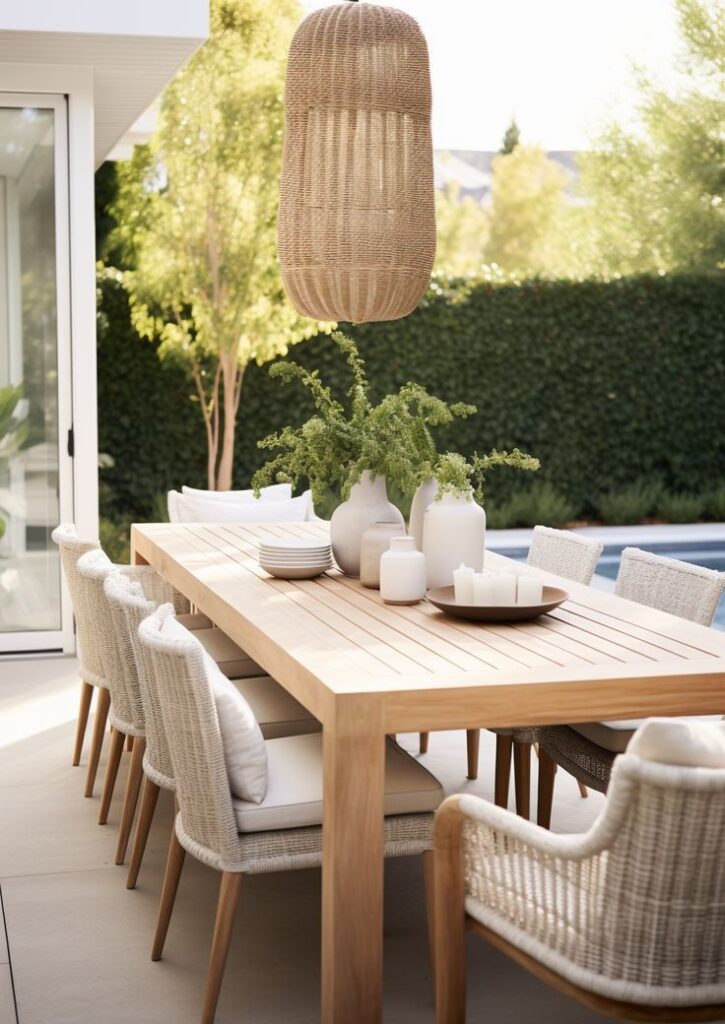 Modern outdoor dining area with wooden table, wicker chairs, and decorative plants under a large woven pendant light.