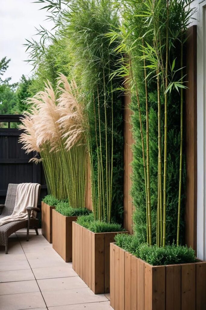 Modern patio with tall planters featuring bamboo and ornamental grass, next to a wicker chair with a cozy blanket.