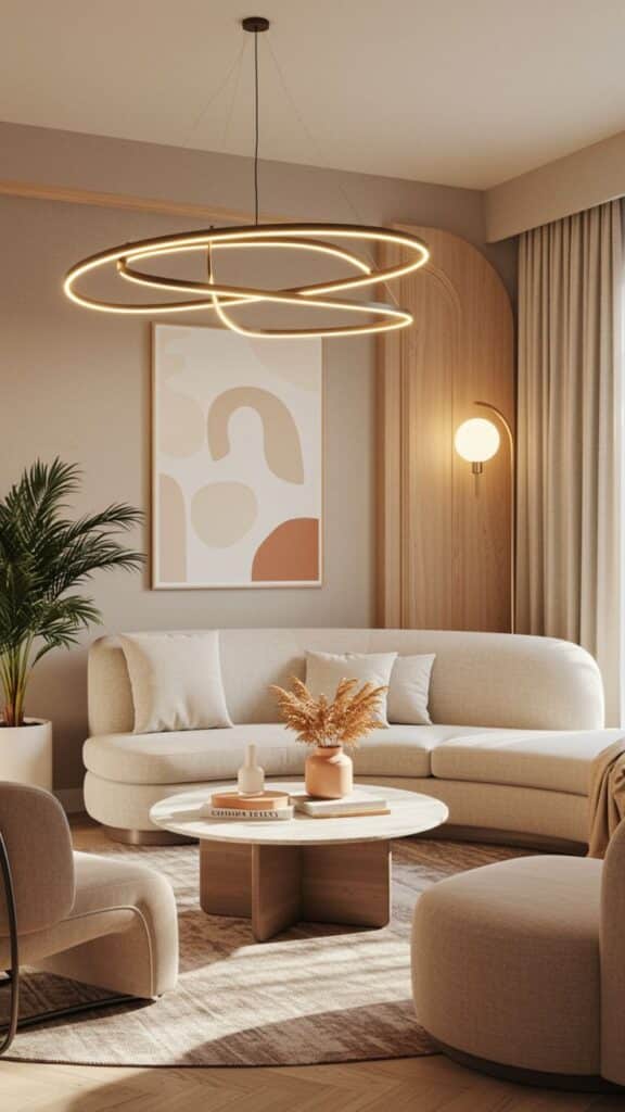 Modern living room with beige sofa, abstract art, circular chandelier, and a wooden coffee table with decor items.