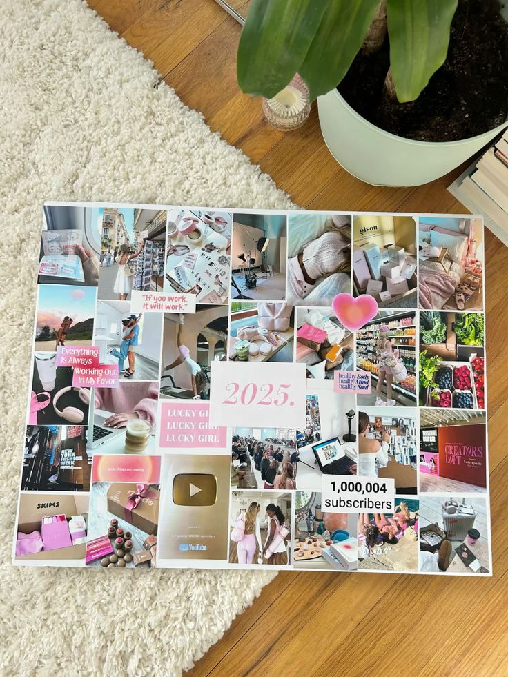 Vision board for 2025 with motivational quotes and images, featuring milestones like 1,000,004 subscribers.