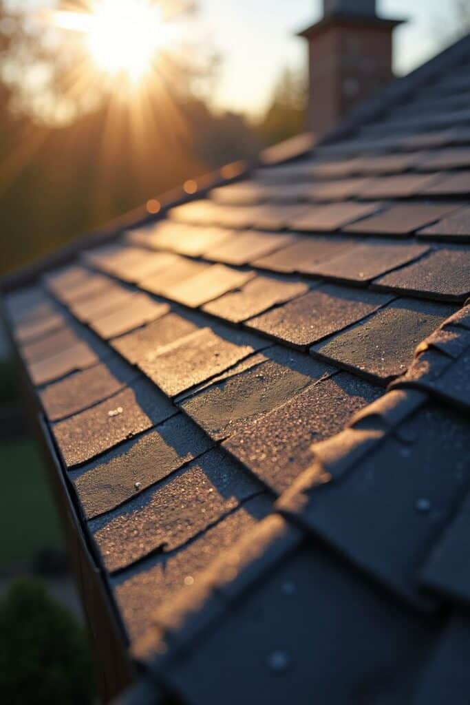 Close-up of sunlit roof shingles with morning dew, showcasing textured roofing under the sunrise.