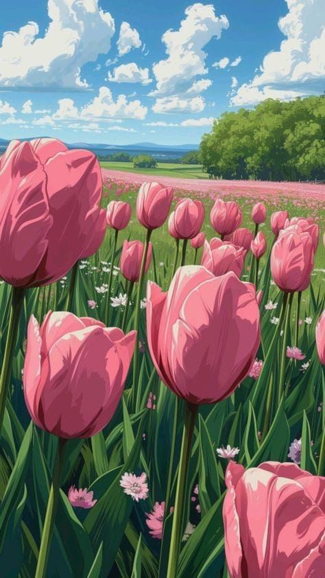 Pink tulips blooming in a vibrant field under a clear blue sky with fluffy clouds, framed by distant greenery.