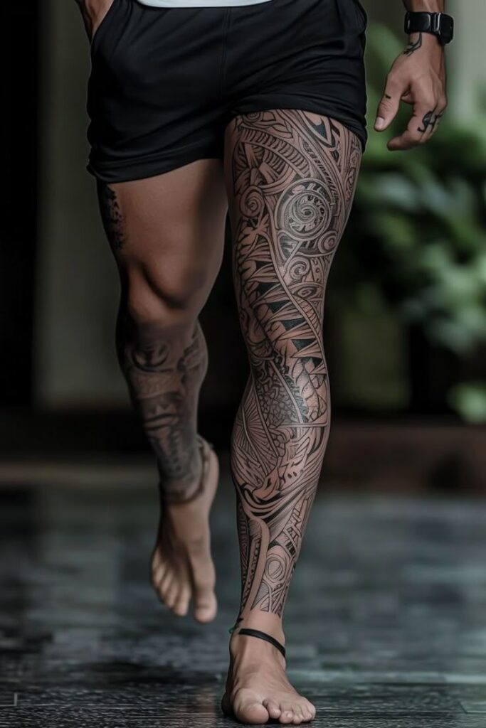 Intricate leg tattoo art on athletic person wearing black shorts, standing on a polished floor, highlighting detailed designs.