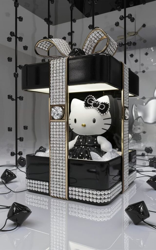 Cute toy cat in a black and diamond gift box, wearing a sparkly dress with a matching bow, surrounded by decorations.