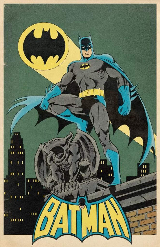 Classic Batman standing on a gargoyle with Bat-Signal in the background, Gotham skyline. Iconic superhero illustration.