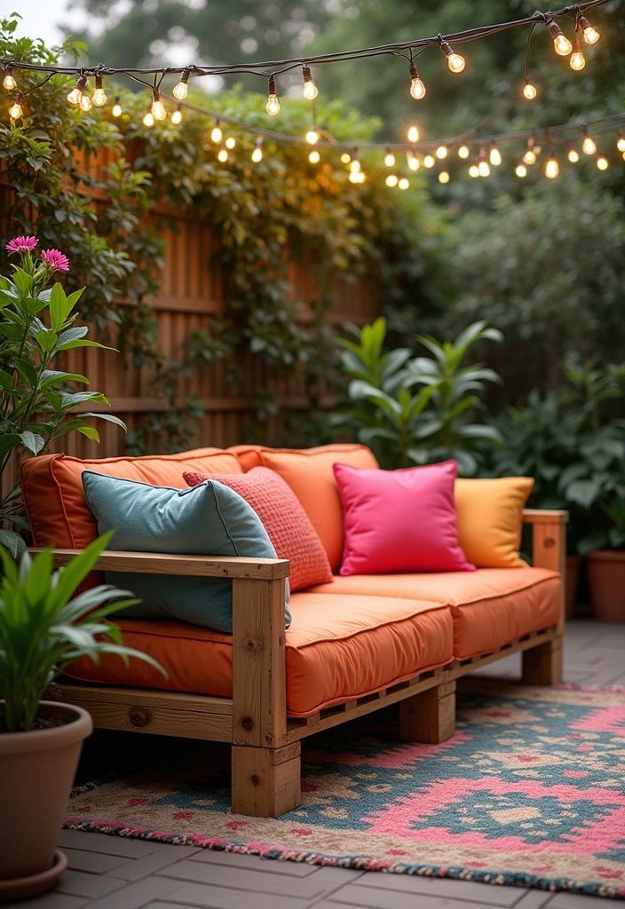 Cozy outdoor patio with orange sofa, colorful cushions, string lights, lush plants, and a vibrant rug. Relaxed ambiance.