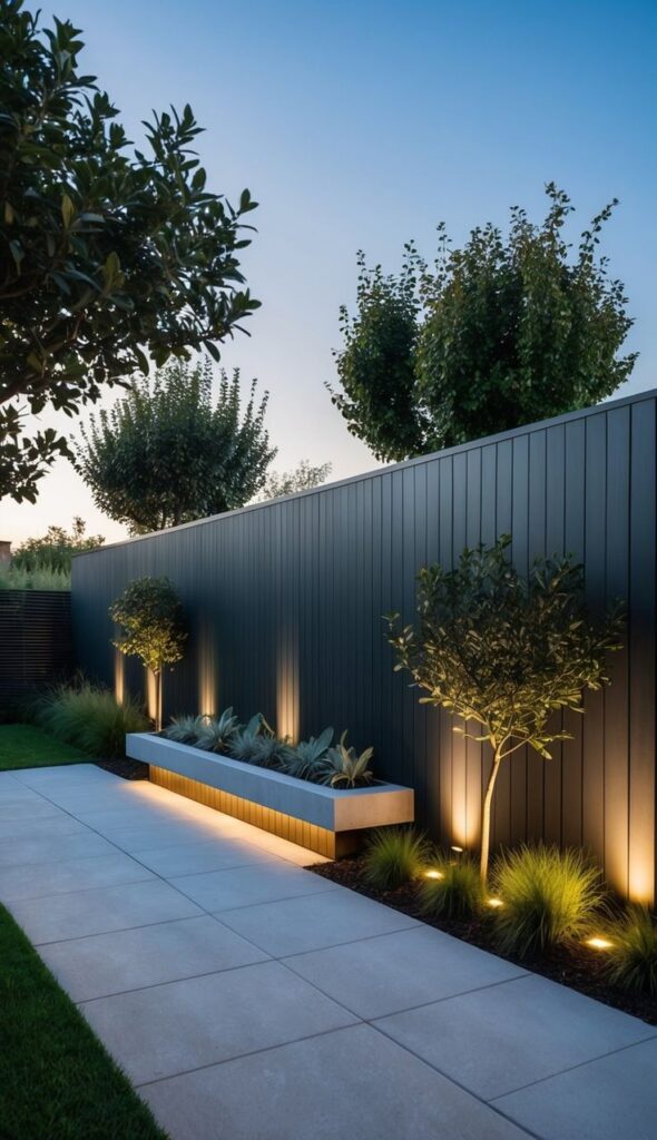 21 Enchanting Fence Landscaping Ideas For Small Spaces Modern backyard design with illuminated planters and sleek pathway beside privacy fence at dusk. | Sky Rye Design Modern backyard design with illuminated planters and sleek pathway beside privacy fence at dusk.
