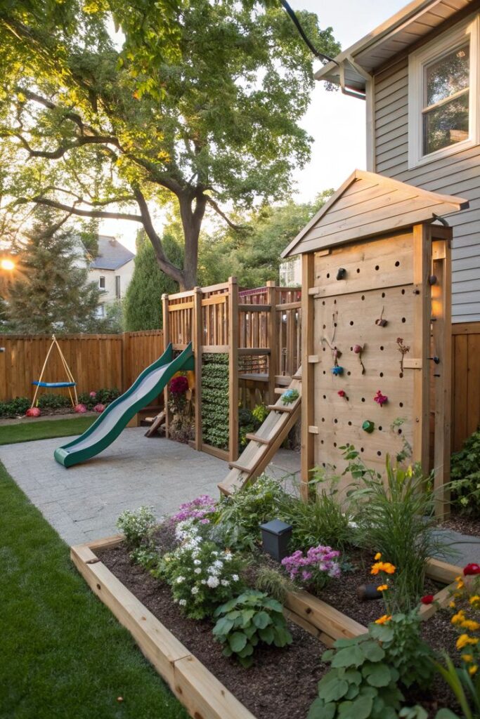 Residential backyard with wooden playset, slide, climbing wall, and vibrant flower garden on a sunny day.