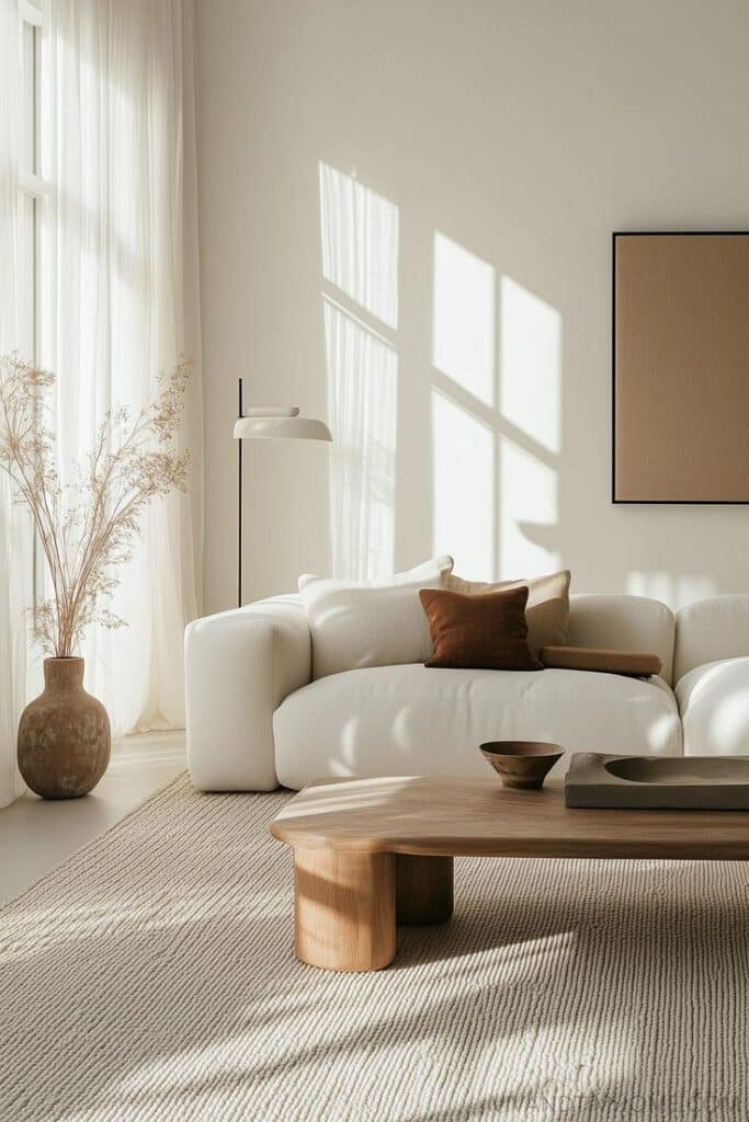 Minimalist living room with a white sofa, wooden coffee table, and natural light streaming through sheer curtains.