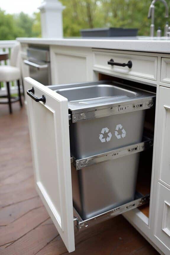 Pull-out kitchen cabinet with built-in recycling bins for eco-friendly waste management.