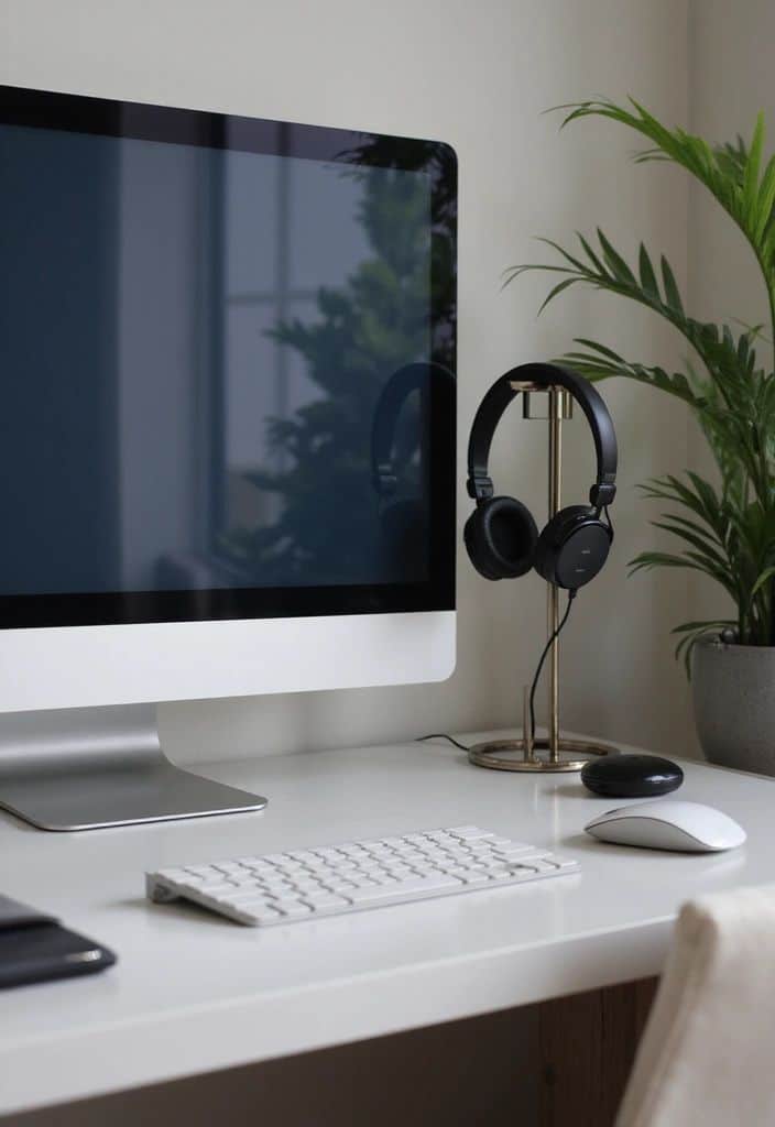21 Stylish Home Office Ideas to Help You Work Better and Look Good Modern workspace with desktop computer, keyboard, mouse, headphones, and plant on a white desk. | Sky Rye Design Modern workspace with desktop computer, keyboard, mouse, headphones, and plant on a white desk.