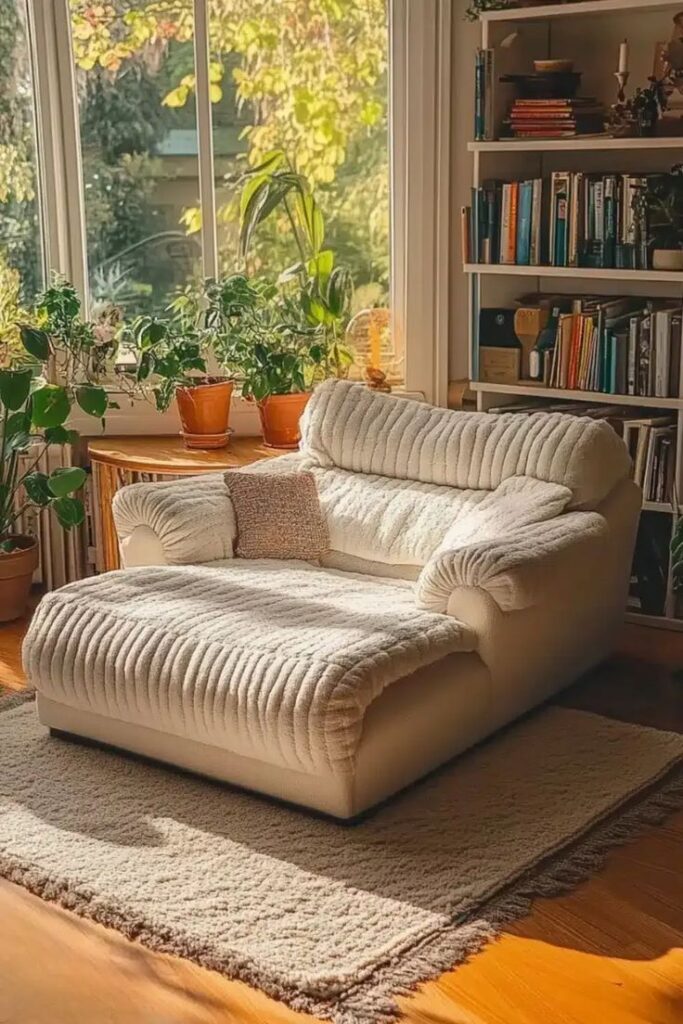 Cozy living room with plush chair, surrounded by plants and books, basking in sunlight from large window.