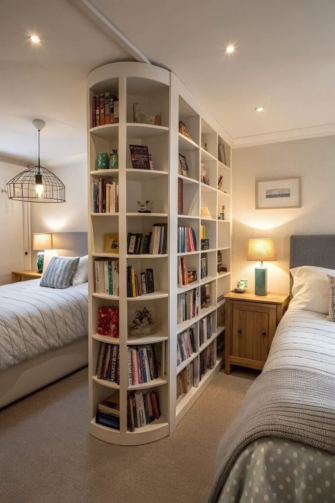 Cozy bedroom with twin beds, separated by a curved bookshelf. Warm lighting enhances the inviting decor and ambiance.