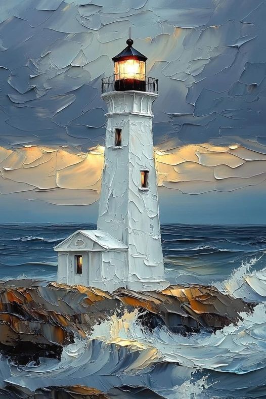 Oil painting of a lighthouse on rocky shore with stormy sea and dramatic sky at sunset.