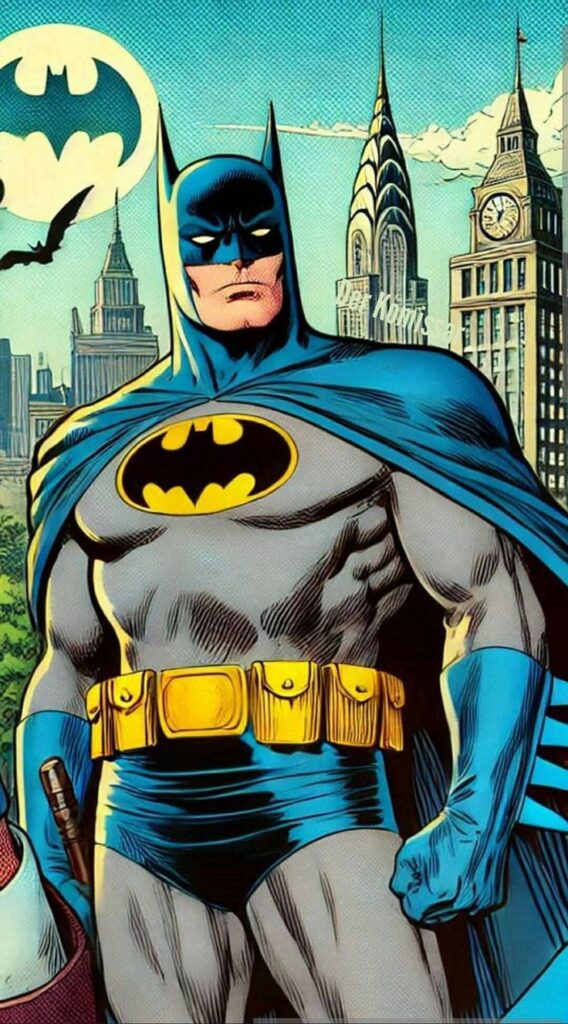 Comic-style superhero in costume stands confidently with city skyline background.